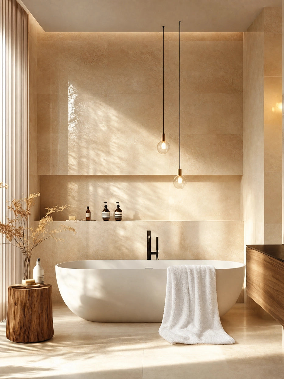 Wabi-sabi cream stone bathroom bathtub scene shot, white R Collection cotton bath towel naturally draped over bathtub edge, soft natural light creates minimalist healing bathroom atmosphere, shows interior display matching effect