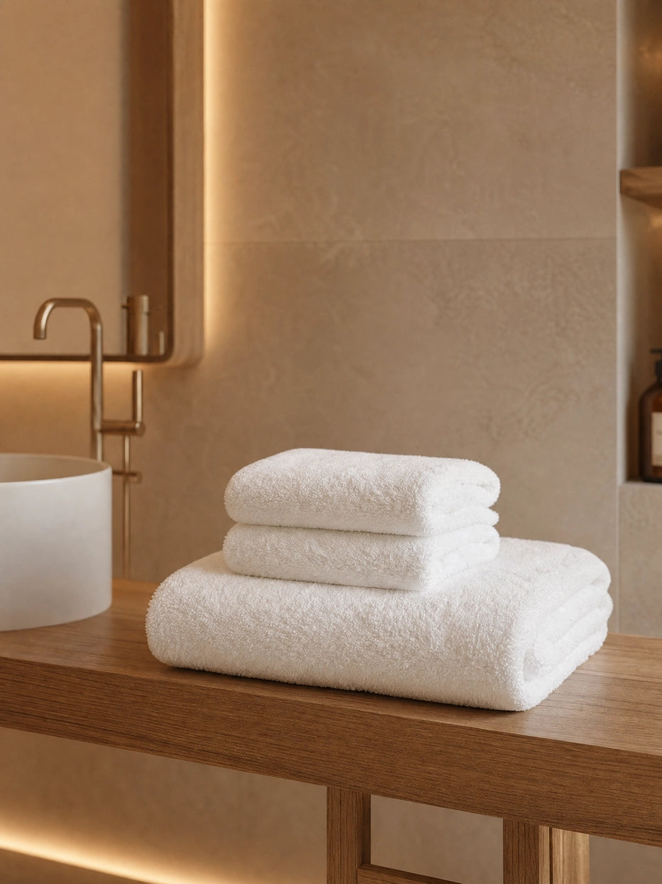 Wabi-sabi warm wood bathroom still life shot of three stacked white towels on beige stone countertop, unified solid white tone clean and healing, matched with linear ambient light to create soft minimalist bathroom display vibe, fully shows the texture of full gift set furnishing