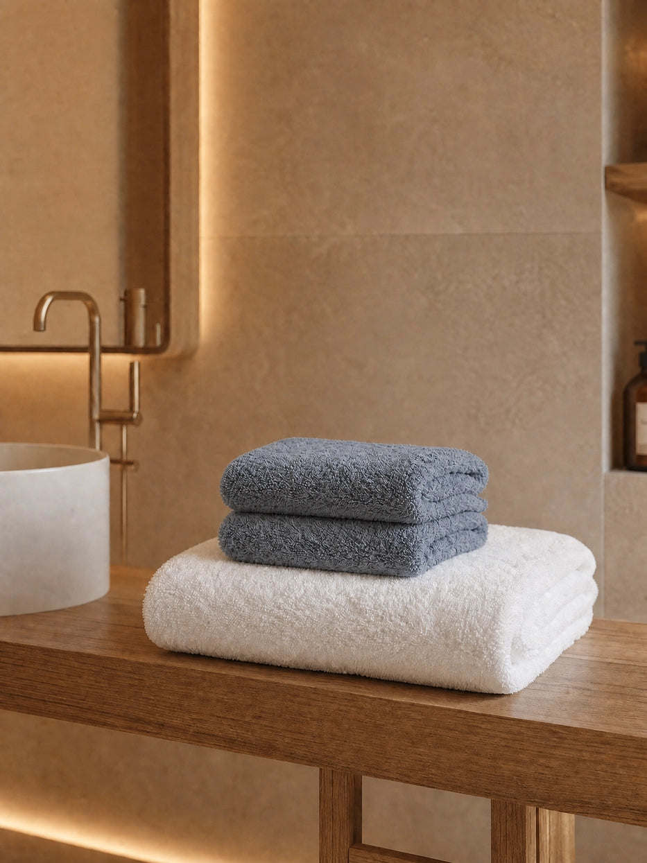 Wabi-sabi warm wood bathroom still life shot of stacked towels on beige stone countertop, soft layered contrast between grey and white, matched with dried branch decor to create neutral healing bathroom display vibe, fully shows the matching texture of full gift set