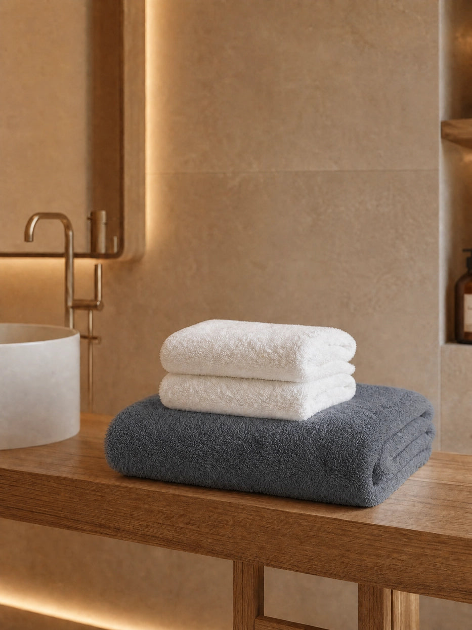 Wabi-sabi warm wood bathroom still life shot of stacked towels on beige stone countertop, soft layered contrast between white and grey, matched with linear ambient light to create calm minimalist bathroom display vibe, fully shows the matching texture of full gift set