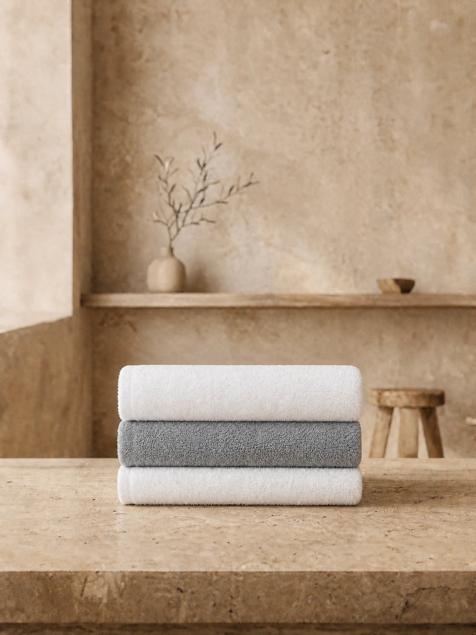 Wabi-sabi still life shot of three vertically stacked face towels on beige micro-cement countertop, staggered layered grey & white towels matched with dried branch pottery decor, creates soft neutral bathroom vibe, shows full gift set display matching effect