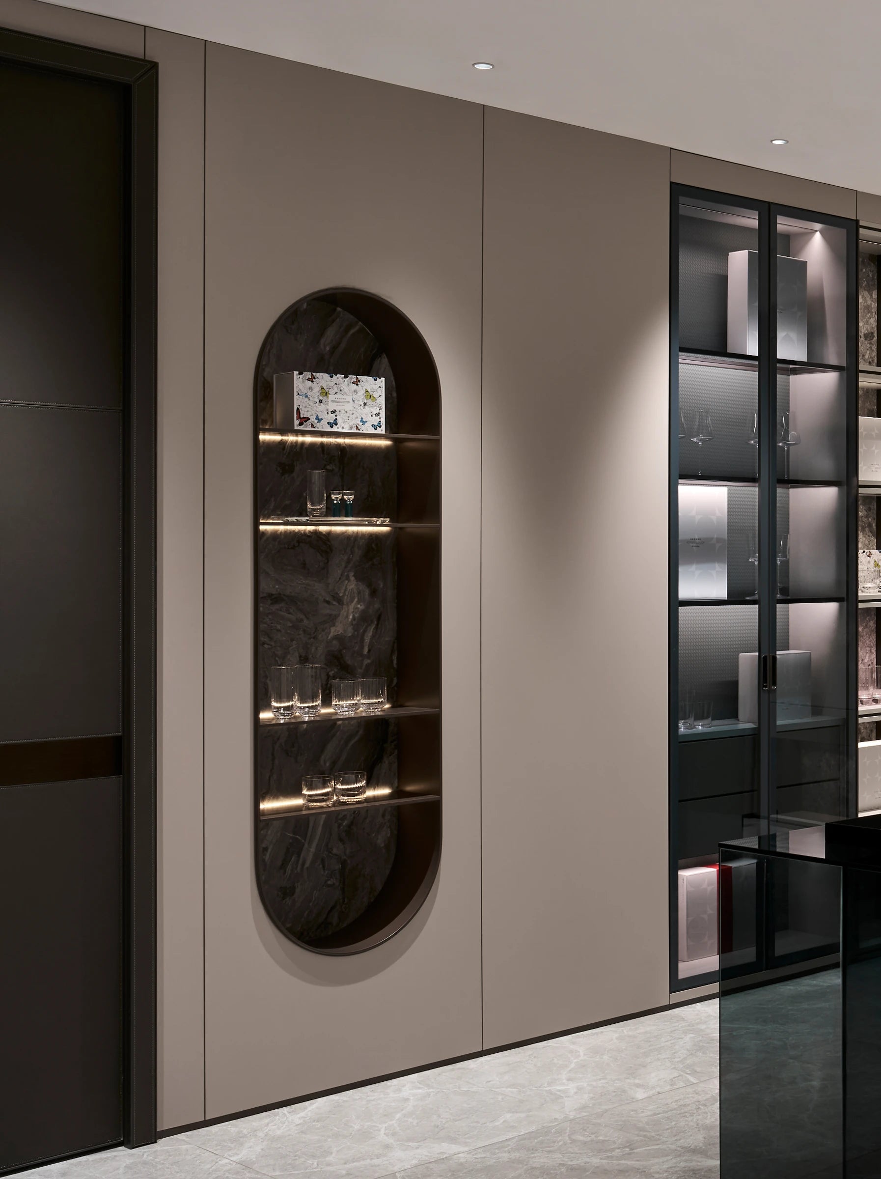 RESONG Home arched built-in niche bar cabinet display, showcase BUTTERFLY WHISPER teapot set, DEWDROPS crystal tumblers, XUYU hand-engraved glassware, high-clarity borosilicate & bone china, perfect for apartment coffee nook, homestay tea room, afternoon tea party layout, minimalist living room decor