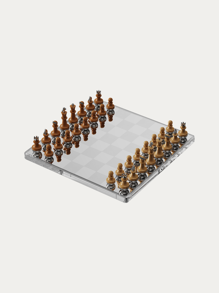 Official product shot of TORY luxury mirror chess set on pure off-white background, square thick transparent acrylic grid chessboard with built-in mirror stainless steel reflective base plate, two-tone layered chess pieces (dark brown & light beech wood) with zinc alloy metal base, modern artistic decorative chess ornament