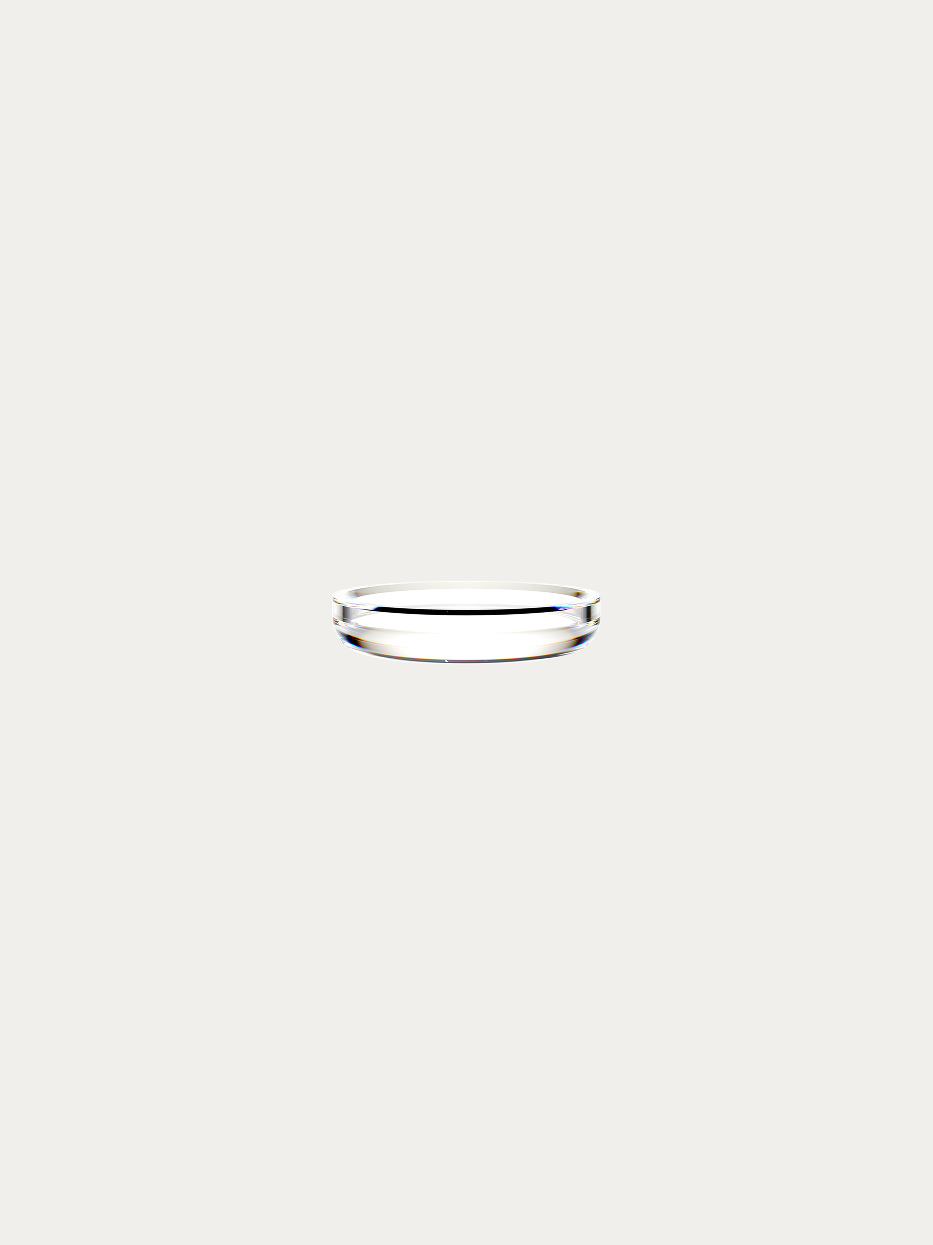 Official product shot of XUYU shallow round crystal soap dish on pure off-white background, shallow disc double-ring curved design, integrated whole transparent crystal, thin minimalist dual-use bathroom storage & decorative tray