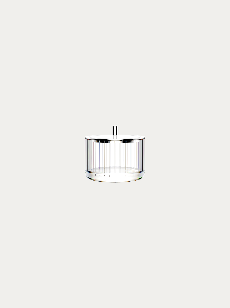 Official product shot of short round vertical striped crystal storage box on pure off-white background, cylindrical body with vertical striped transparent crystal, matched with full stainless steel sealed lid and central metal knob, multi-functional light-luxury storage container for bathroom & cosmetics