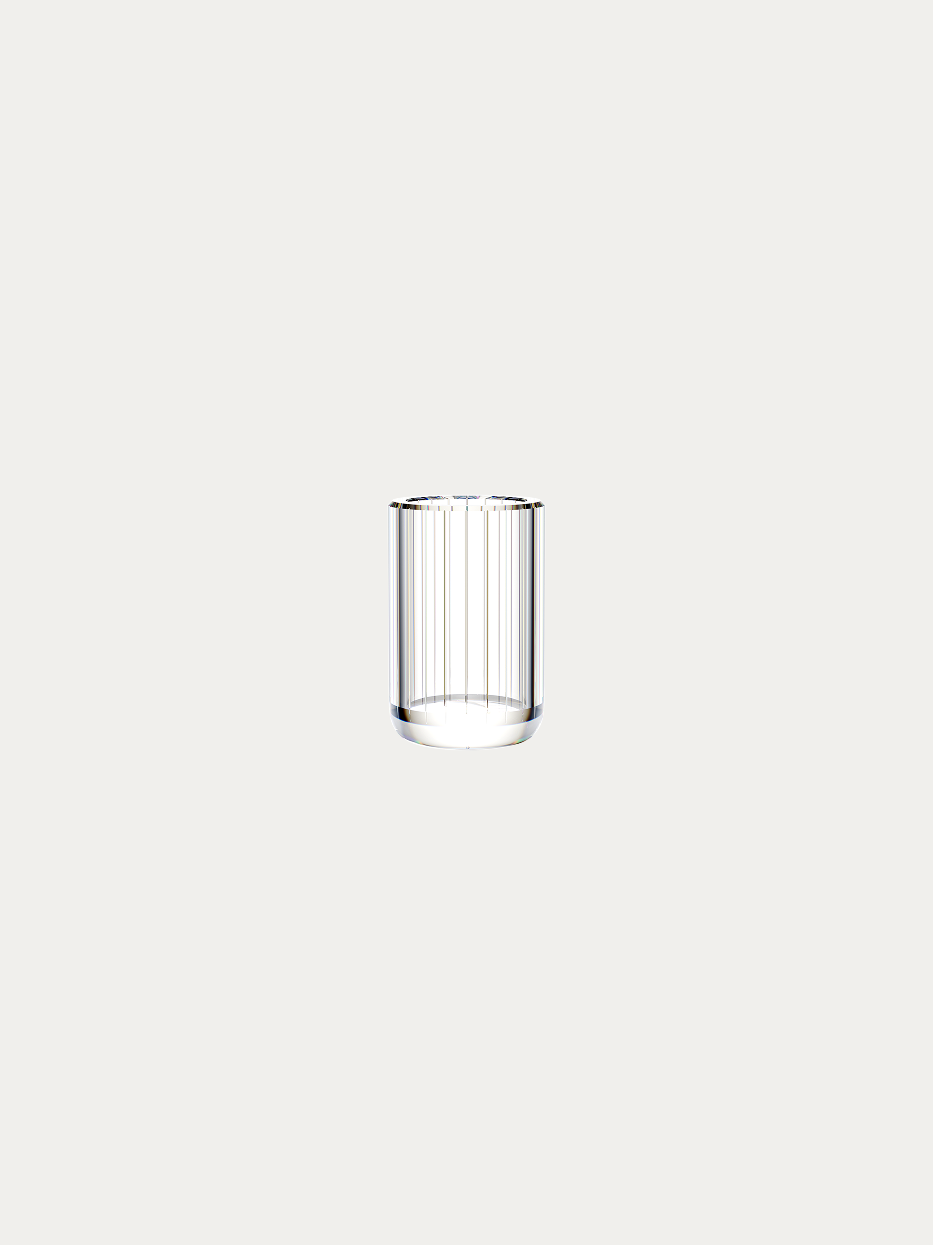 Official product shot of XUYU vertical striped straight crystal storage cup on pure off-white background, full vertical 3D striped transparent cylinder body, thick rounded base, multi-purpose light-luxury bathroom storage container, core matching piece of the same series