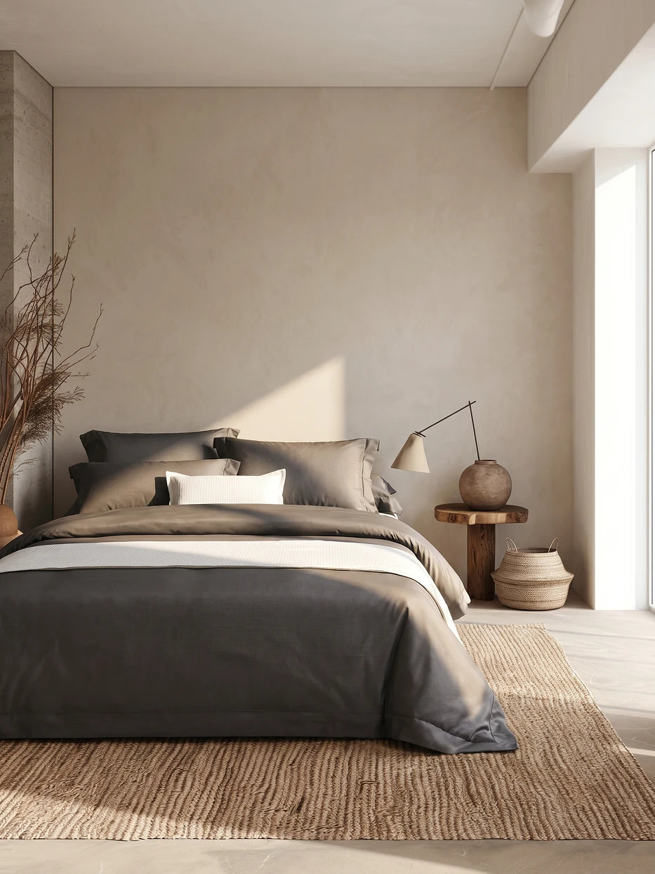 Wabi wood bedroom furnishing full view shot of YALIAN khaki bedding set matched with rattan wall panel & petal ceiling lamp