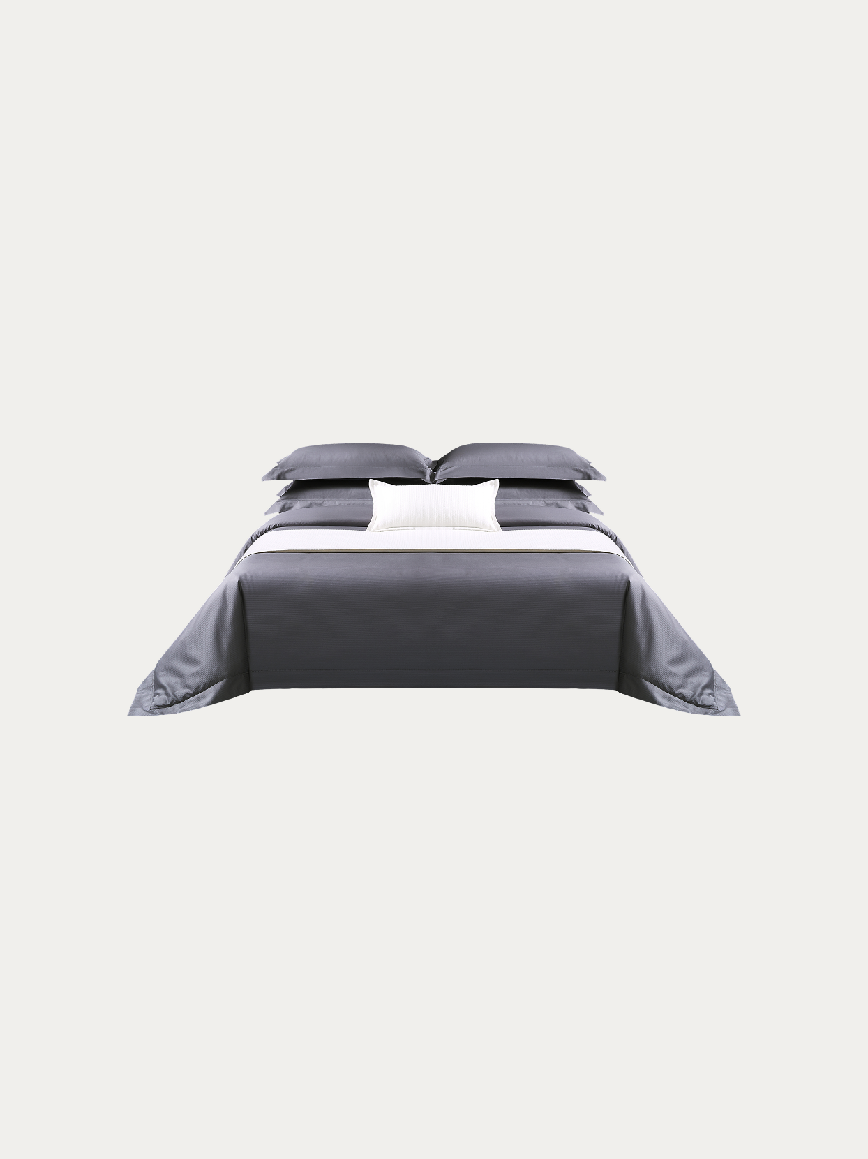 Official flat shot of RESONG HOME YALIAN gray striped M-size 6-piece bedding set, 100% Xinjiang long-staple cotton with jacquard & embroidery, minimalist premium full bed linens on off-white background