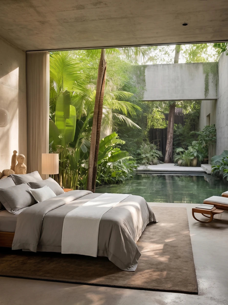 Wabi tropical courtyard bedroom furnishing full view shot of YALIAN khaki M size bedding set beside floor-to-ceiling window with green plants