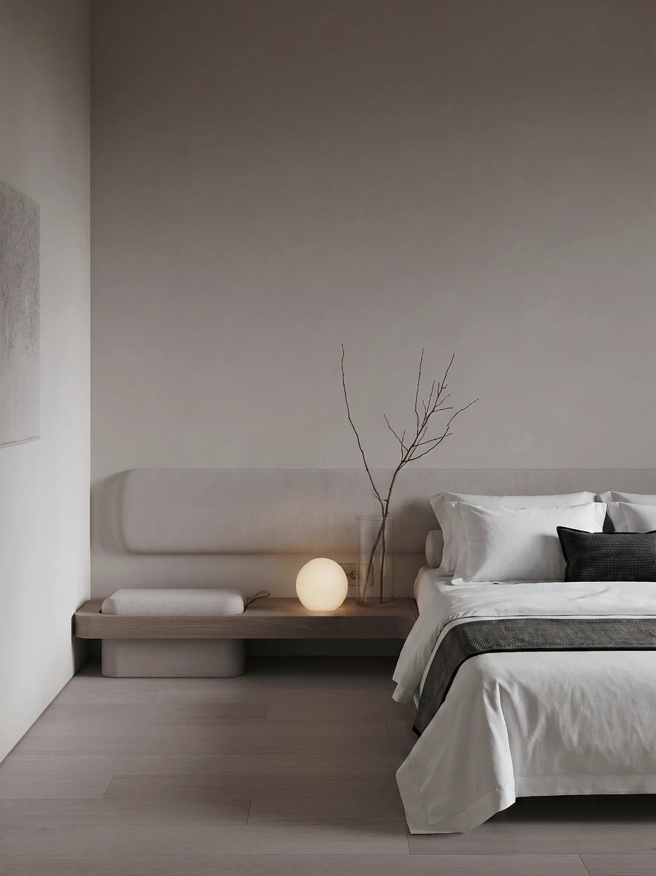 Minimalist wood-concrete bedroom furnishing full view shot of YALIAN white M-size bedding set matched with wooden nightstand & round wall lamp