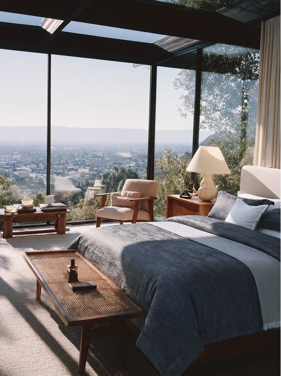 Luxury view bedroom furnishing full shot of YAOLAN dark gray bedding set beside floor-to-ceiling city window