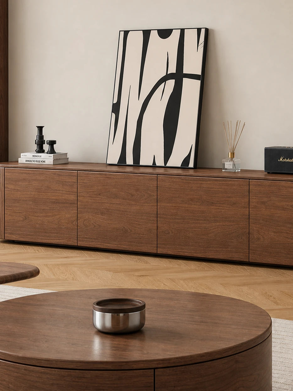 Minimalist log-style living room shot of YINGMU M storage can on large round walnut coffee table