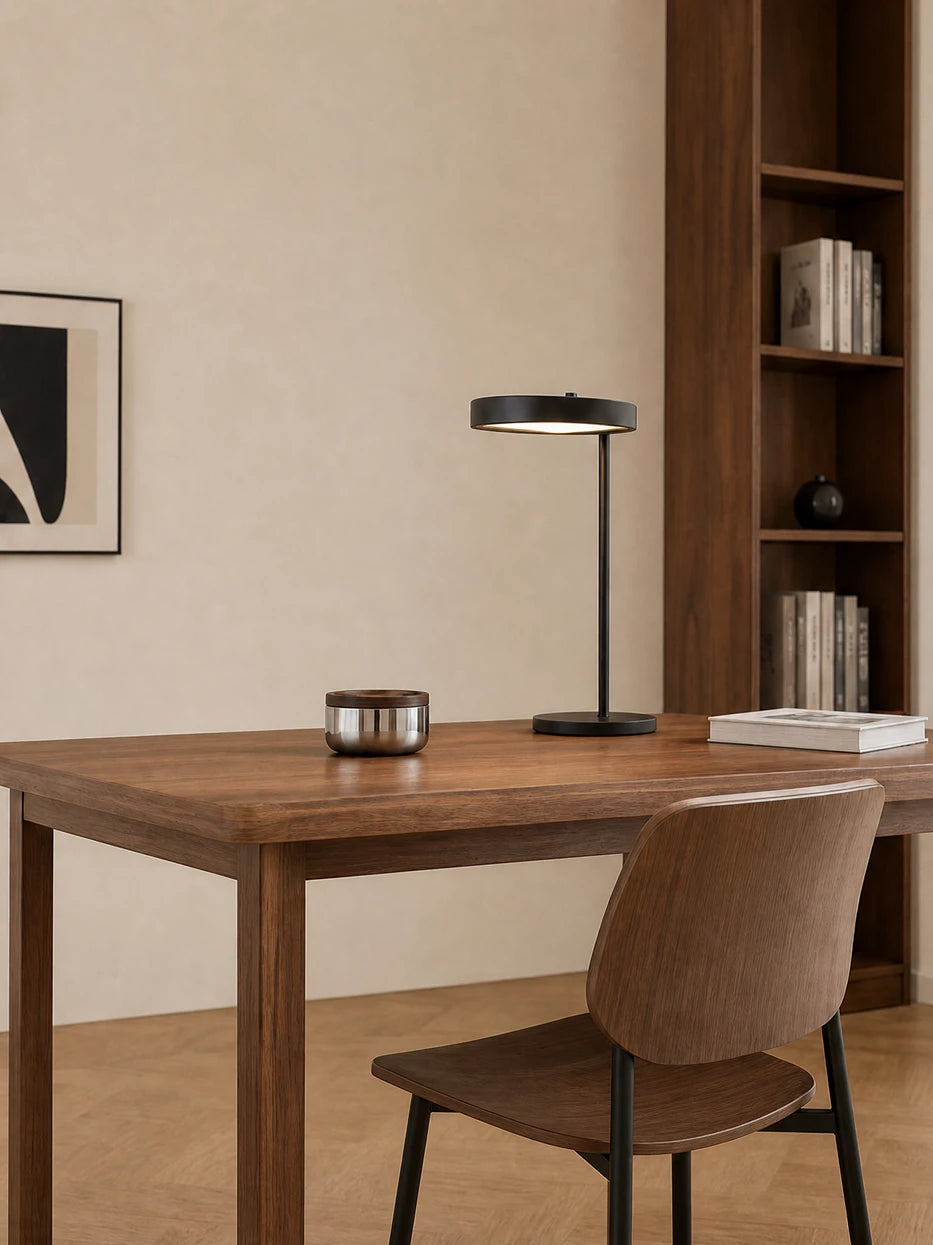 Simple study layout shot of YINGMU M storage can on solid wood work desk for office small items storage