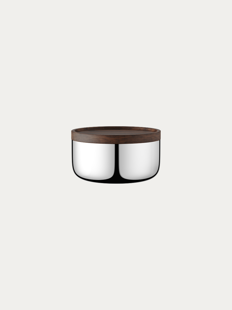 RESONG YINGMU Storage Can L official shot on plain off-white background, mirror polished large-capacity 304 stainless steel body, matched with solid walnut sealed flat lid, wide round elevated storage jar