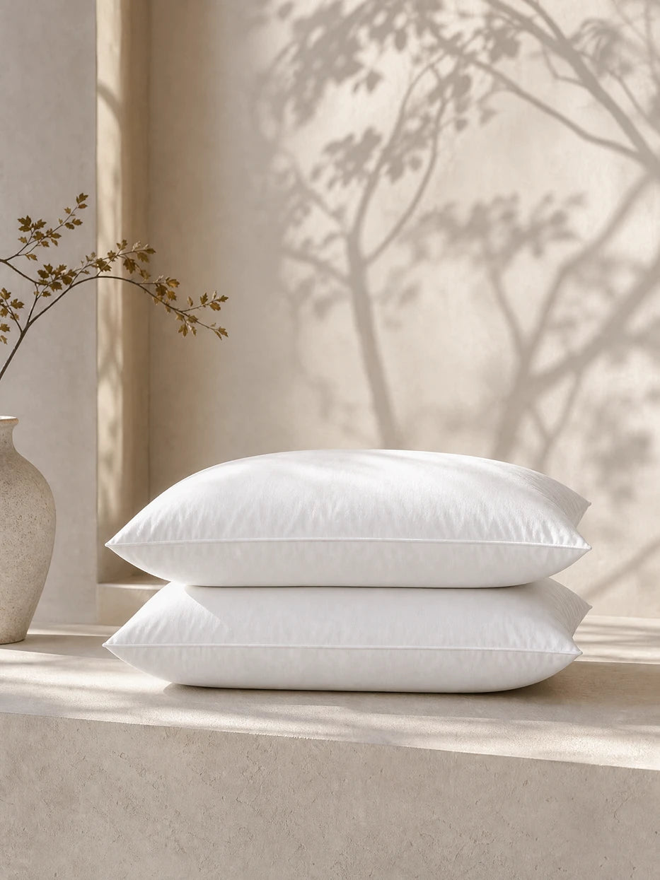 Two YUNGAN pillows stacked in wabi micro-cement room with tree shadow wall, soft natural light showing neat fluffy shape matching light minimalist interior