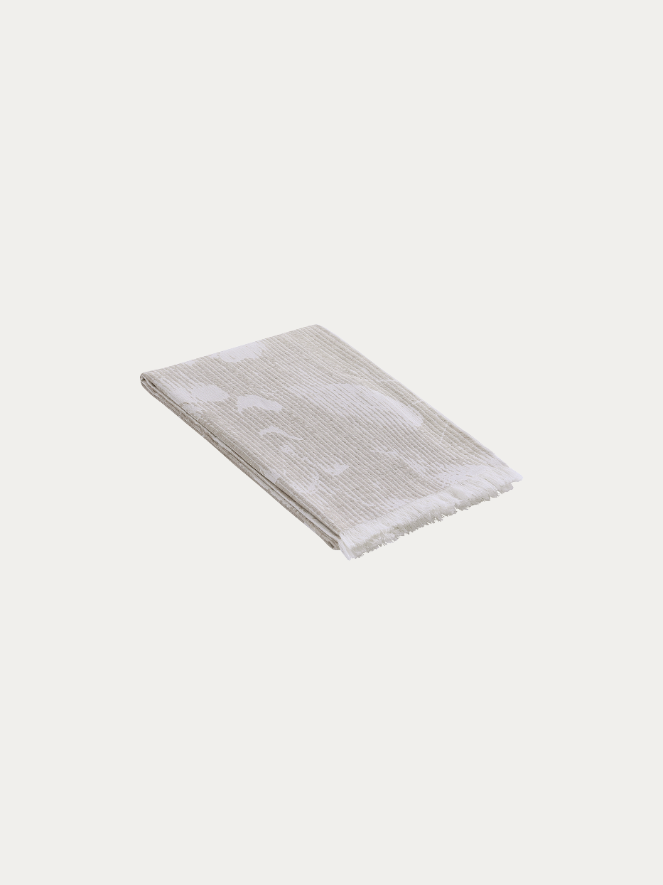 Official flat lay product shot of YUNQI beige linen blanket on pure off-white background, oversized 1400x2200cm throw blanket with vertical textured jacquard faint floral pattern, natural handmade tassel fringes on four edges, blended fabric of 65% linen,7% wool,acrylic,nylon and polyester, breathable soft multi-purpose decorative cover, ideal for sofa, bed end, window bench, office nap shawl, travel beach wrap, fits wabi-sabi, Japanese, minimalist, cream, mid-century interior decor